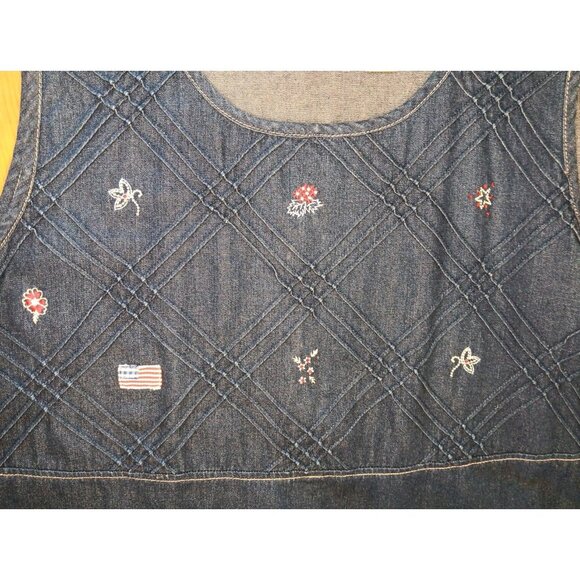Vtg Koret City Blues Jumper Dress Womens 20W Denim Embroidered Cottagecore Flag - Picture 3 of 5